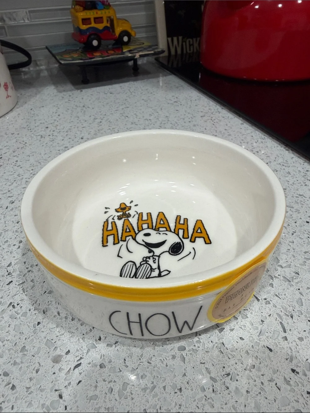 Rae Dunn & Peanuts White Ceramic Pet Bowl with Yellow Accent and Snoopy Design
